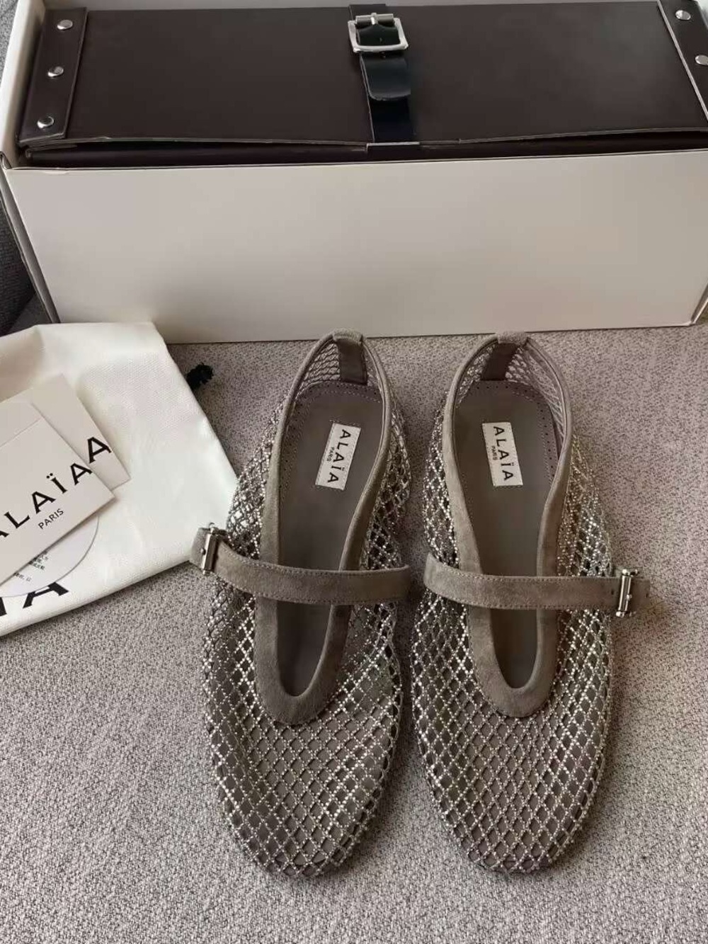 Alaia Taupe Mesh Crystal Mary Jane Flats